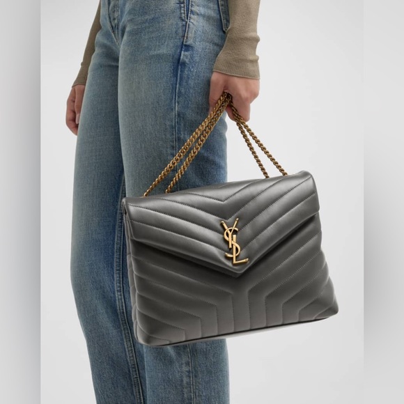 NWT Saint Laurent LouLou Storm Gray Leather Medium Shoulder Bag Gold HW - Picture 3 of 13